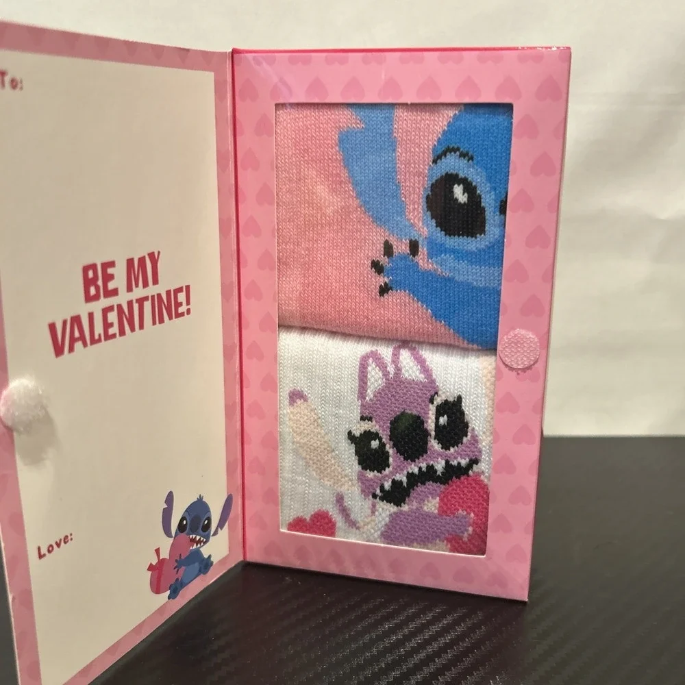Disney Stitch & Angel Valentine's Day Crew Socks Pink & White‎ Women's 2 Pairs